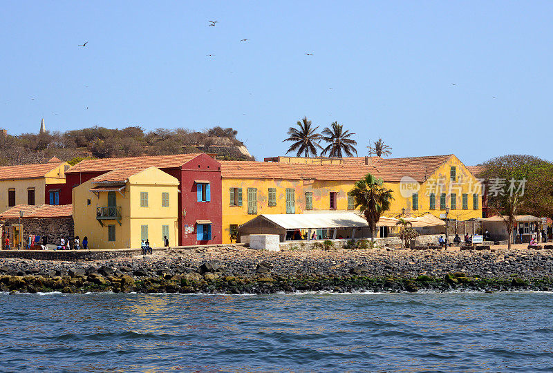 Pastel buildings on the east coast of Gorée Island, Dakar, Senegal
